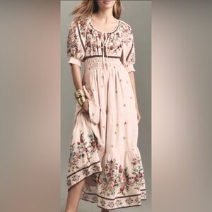 Anthropologie Floral Embroidered Maxi Dress - Cream and Pink